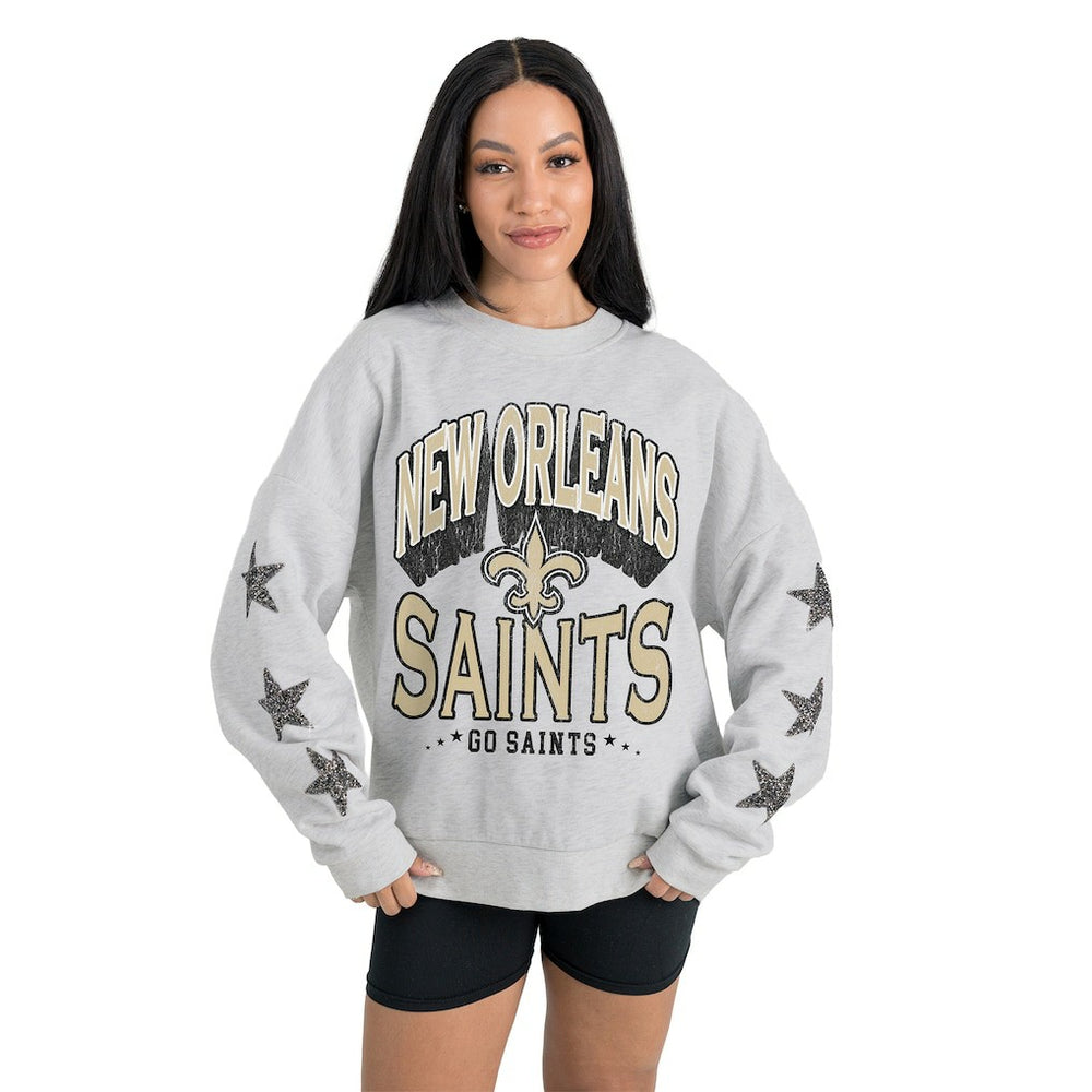 New Orleans Saints Gameday Couture Women's Resilience Relaxed Rhinestone Pullover Sweatshirt - Ash - NFL