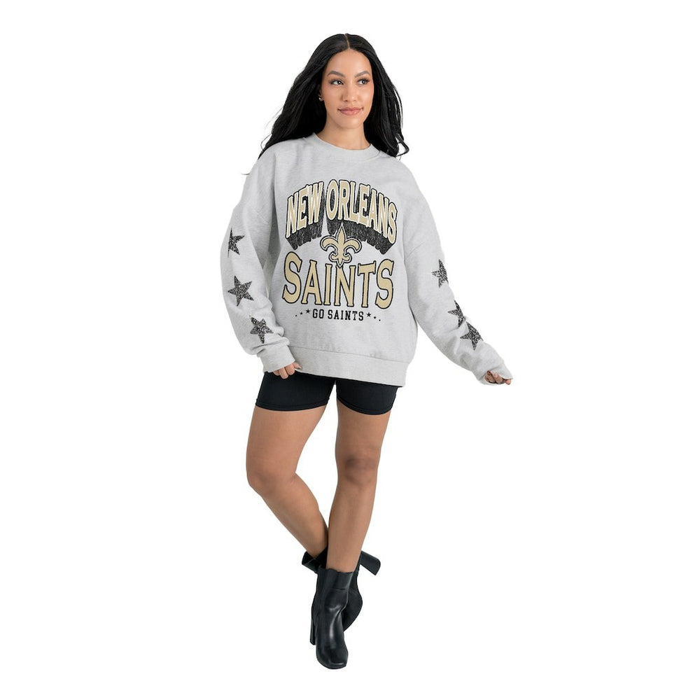 New Orleans Saints Gameday Couture Women's Resilience Relaxed Rhinestone Pullover Sweatshirt - Ash - NFL