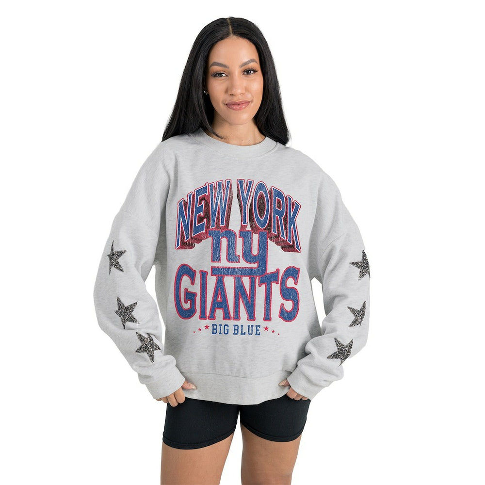 New York Giants Gameday Couture Women's Resilience Relaxed Rhinestone Pullover Sweatshirt - Ash - NFL