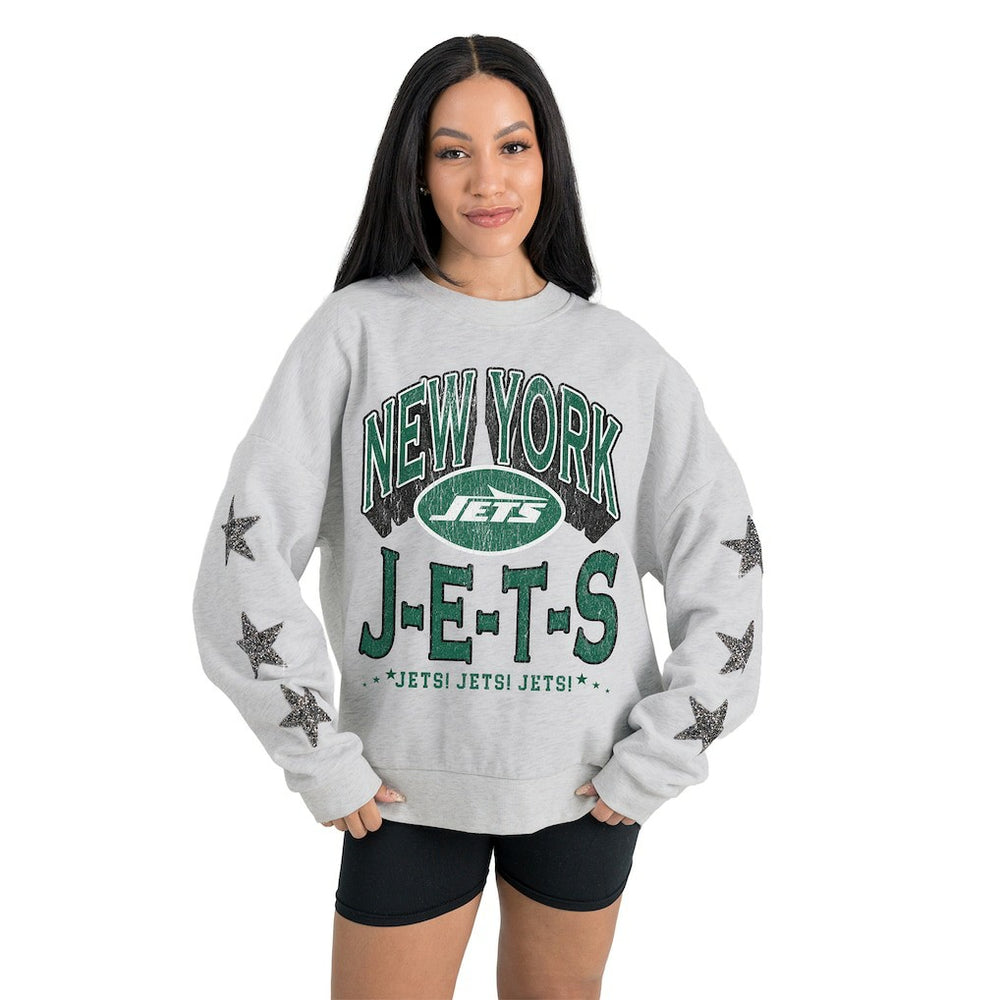 New York Jets Gameday Couture Women's Resilience Relaxed Rhinestone Pullover Sweatshirt - Ash - NFL