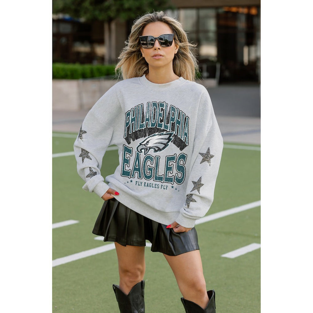 Philadelphia Eagles Gameday Couture Women's Resilience Relaxed Rhinestone Pullover Sweatshirt - Ash - NFL
