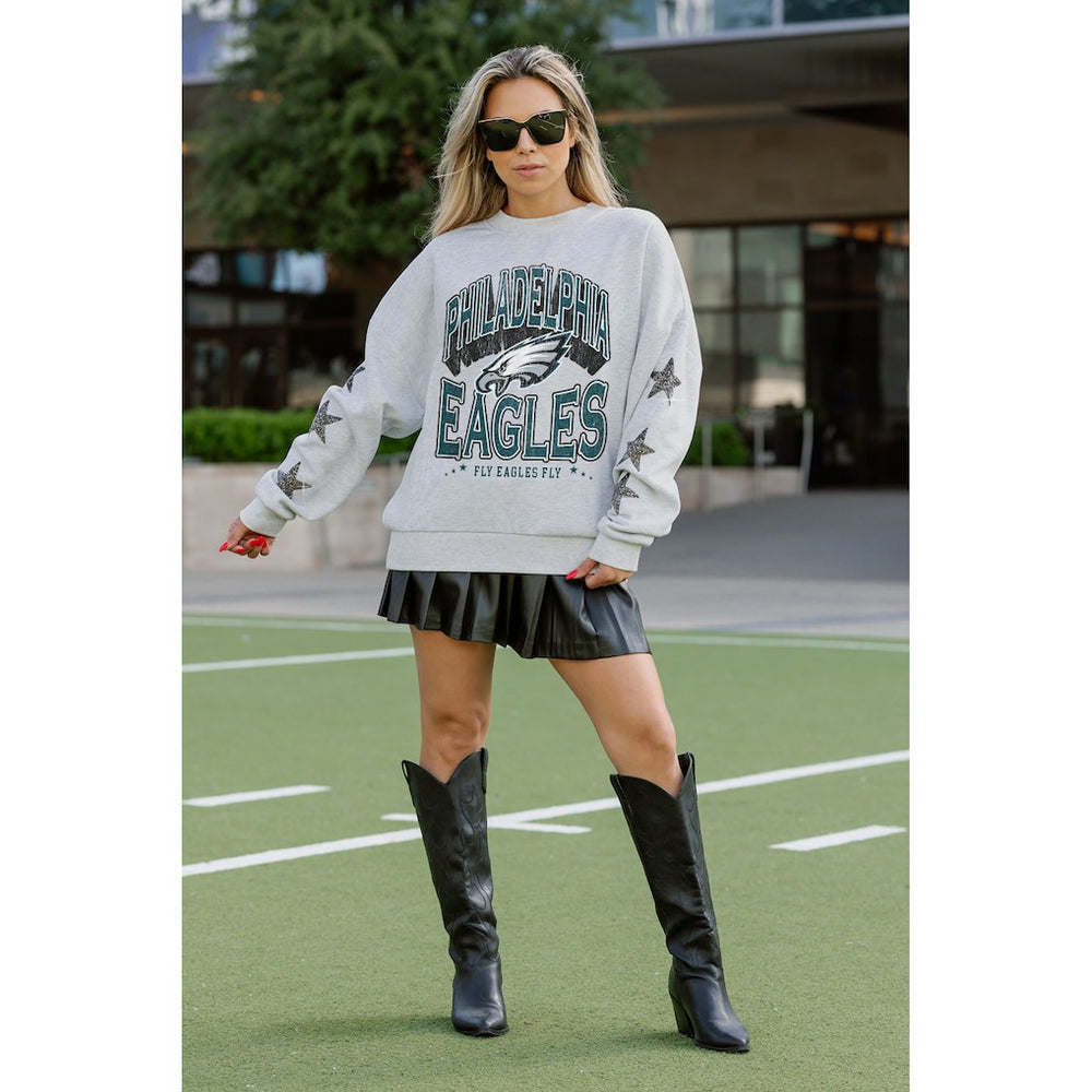 Philadelphia Eagles Gameday Couture Women's Resilience Relaxed Rhinestone Pullover Sweatshirt - Ash - NFL