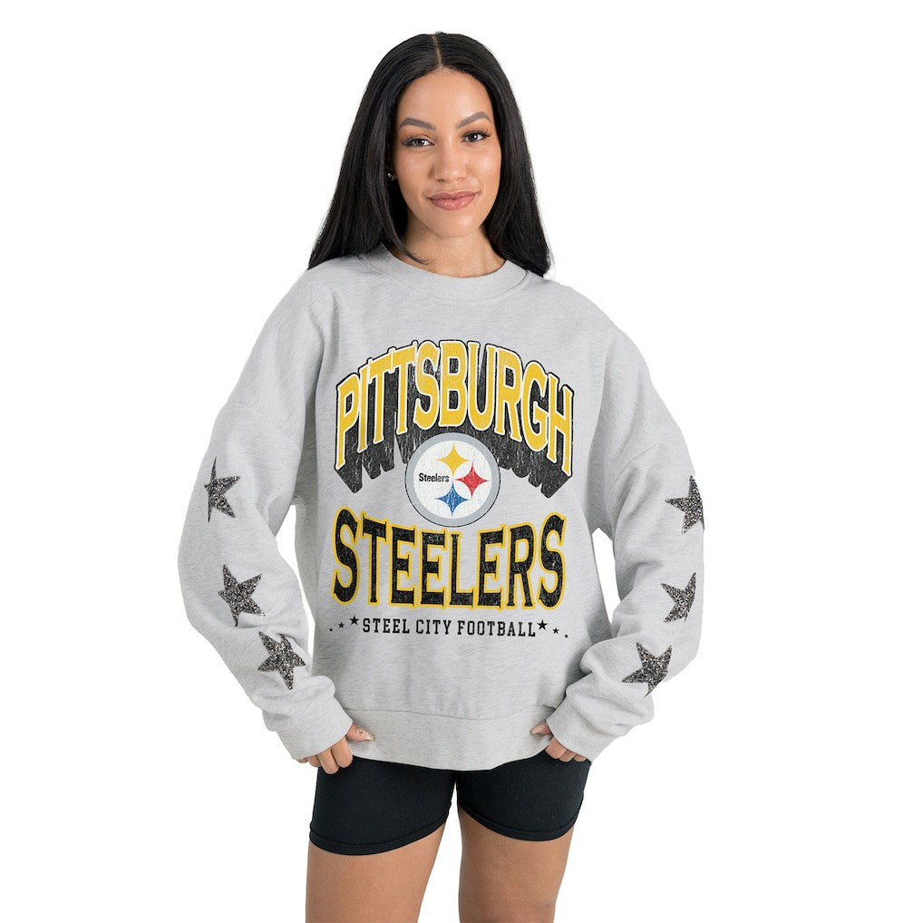Pittsburgh Steelers Gameday Couture Women's Resilience Relaxed Rhinestone Pullover Sweatshirt - Ash - NFL