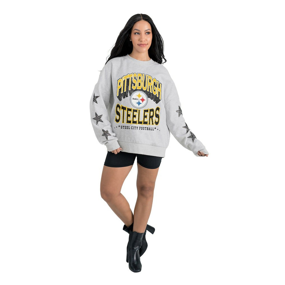 Pittsburgh Steelers Gameday Couture Women's Resilience Relaxed Rhinestone Pullover Sweatshirt - Ash - NFL