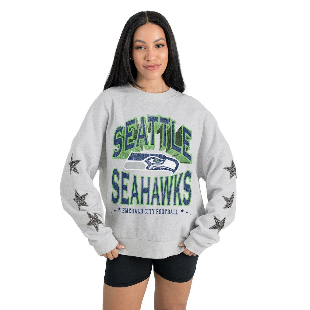 Seattle Seahawks Gameday Couture Women's Resilience Relaxed Rhinestone Pullover Sweatshirt - Ash - NFL