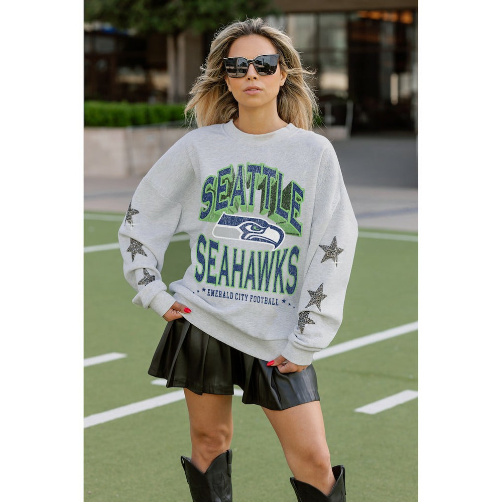 Seattle Seahawks Gameday Couture Women's Resilience Relaxed Rhinestone Pullover Sweatshirt - Ash - NFL