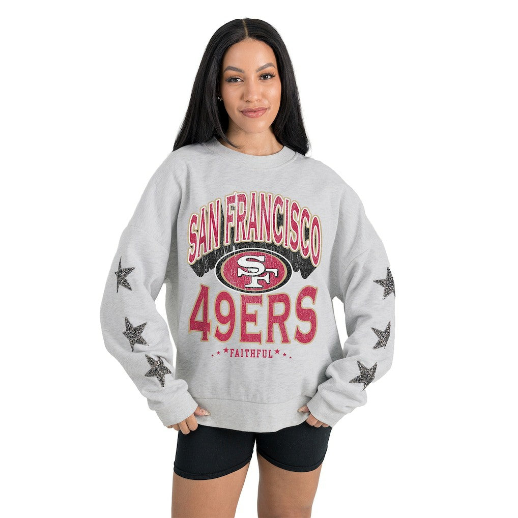 San Francisco 49ers Gameday Couture Women's Resilience Relaxed Rhinestone Pullover Sweatshirt - Ash - NFL