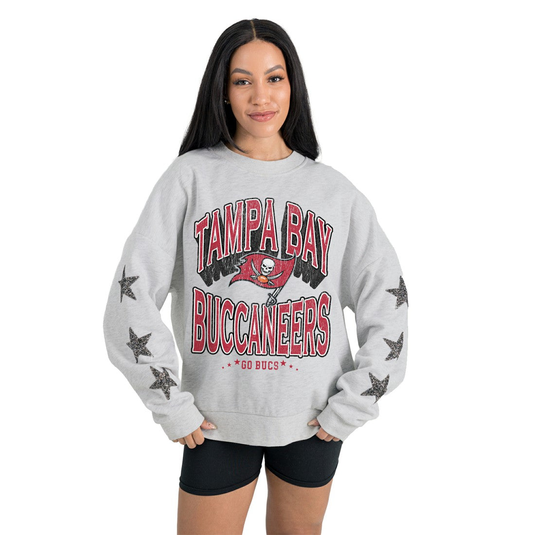 Tampa Bay Buccaneers Gameday Couture Women's Resilience Relaxed Rhinestone Pullover Sweatshirt - Ash - NFL