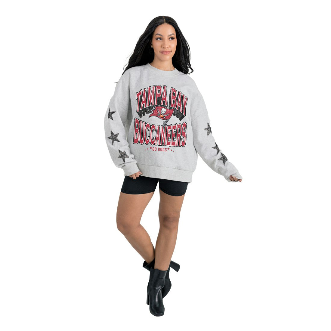 Tampa Bay Buccaneers Gameday Couture Women's Resilience Relaxed Rhinestone Pullover Sweatshirt - Ash - NFL
