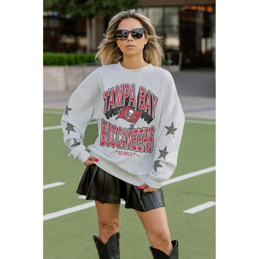 Tampa Bay Buccaneers Gameday Couture Women's Resilience Relaxed Rhinestone Pullover Sweatshirt - Ash - NFL