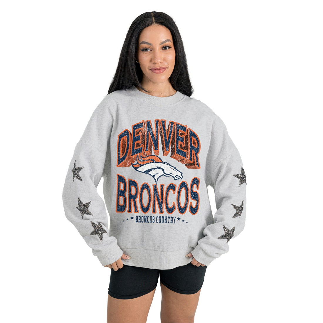 Denver Broncos Gameday Couture Women's Resilience Relaxed Rhinestone Pullover Sweatshirt - Ash - NFL