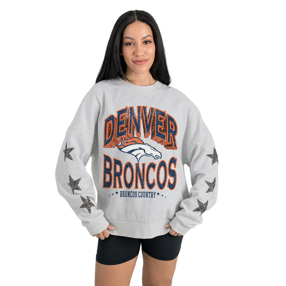 Denver Broncos Gameday Couture Women's Resilience Relaxed Rhinestone Pullover Sweatshirt - Ash - NFL