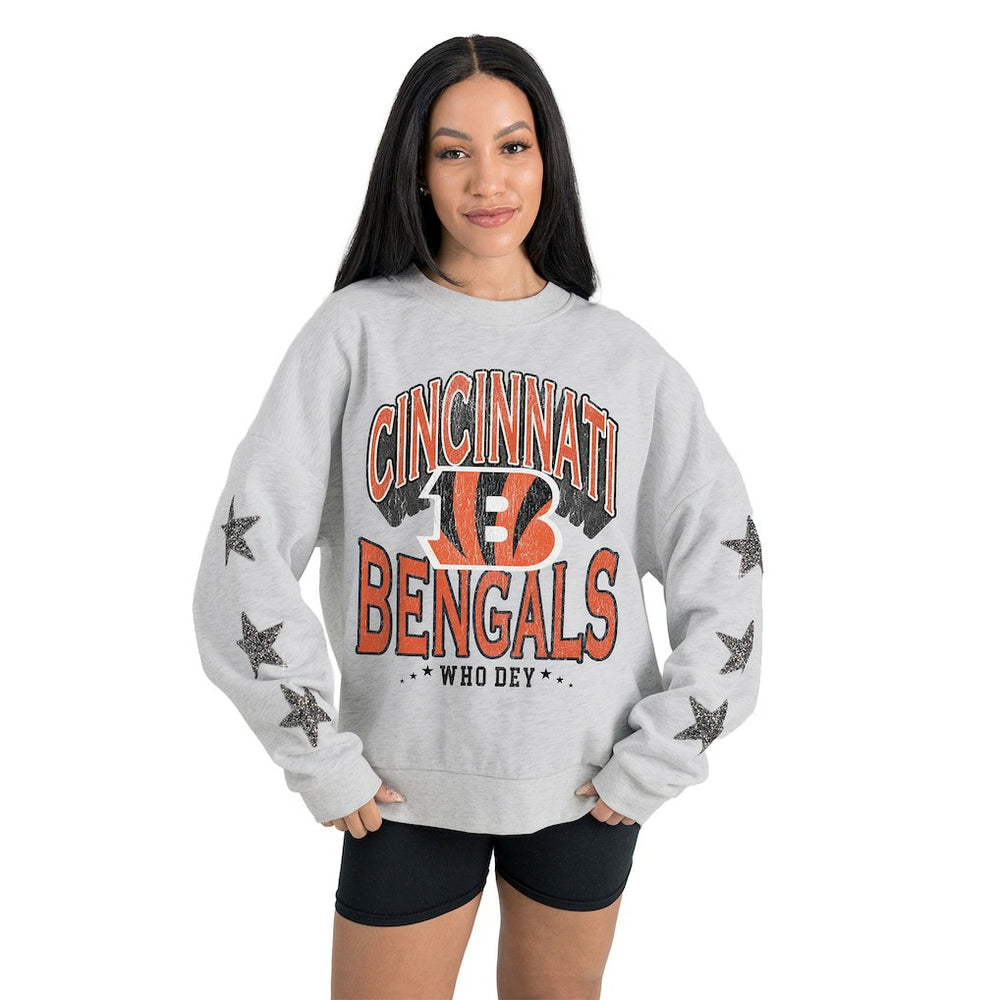 Cincinnati Bengals Gameday Couture Women's Resilience Relaxed Rhinestone Pullover Sweatshirt - Ash - NFL