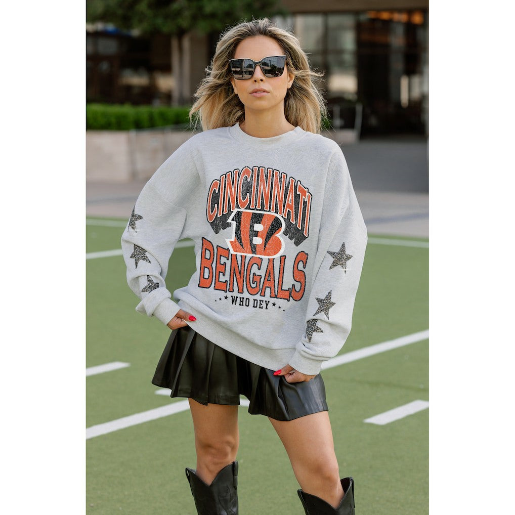 Cincinnati Bengals Gameday Couture Women's Resilience Relaxed Rhinestone Pullover Sweatshirt - Ash - NFL