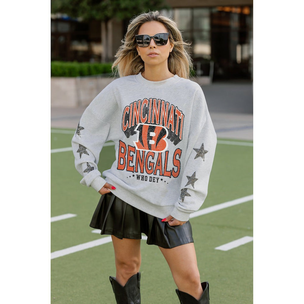 Cincinnati Bengals Gameday Couture Women's Resilience Relaxed Rhinestone Pullover Sweatshirt - Ash - NFL