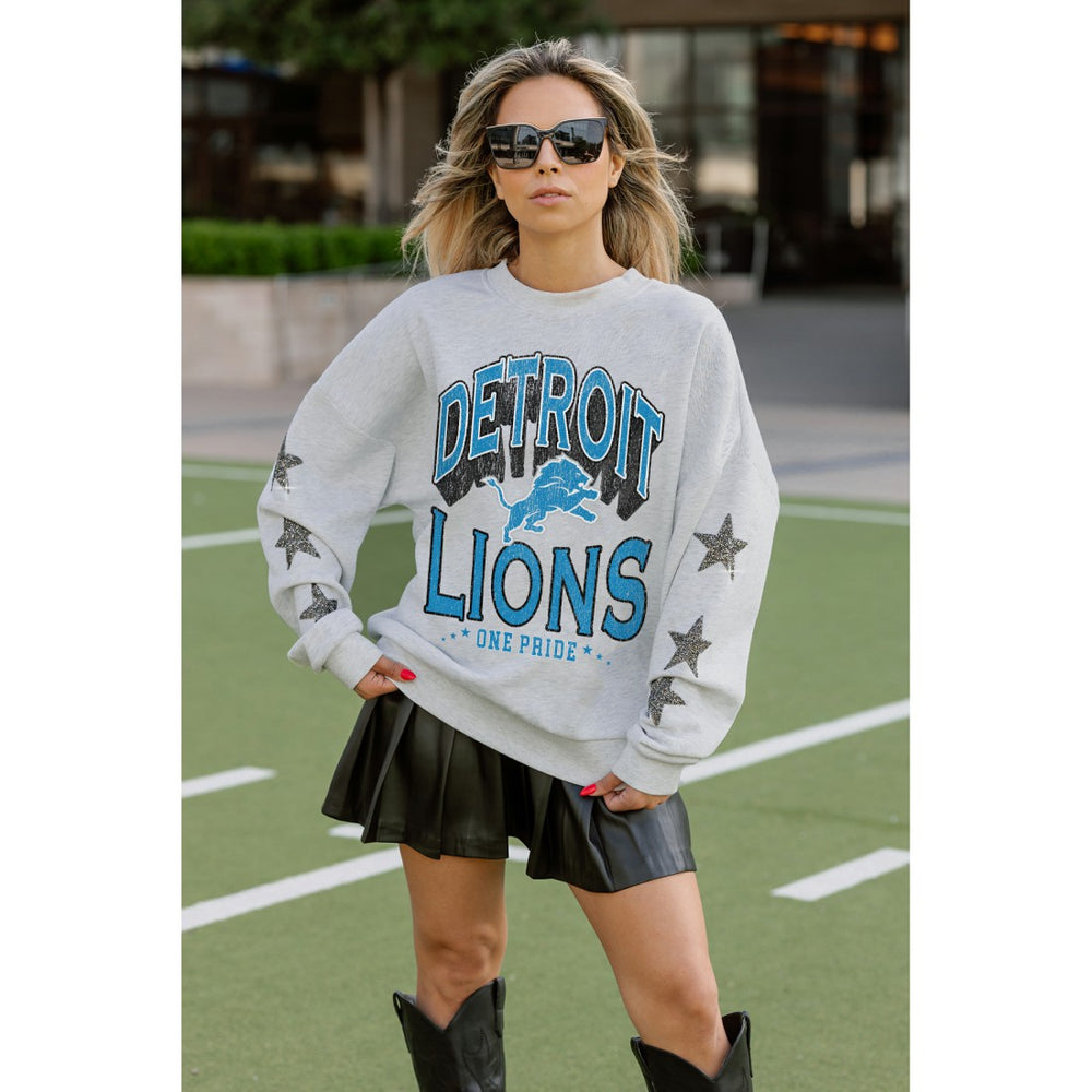Detroit Lions Gameday Couture Women's Resilience Relaxed Rhinestone Pullover Sweatshirt - Ash - NFL