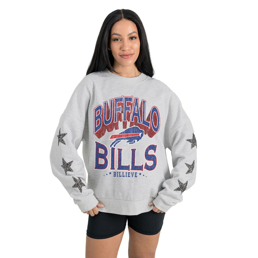 Buffalo Bills Gameday Couture Women's Resilience Relaxed Rhinestone Pullover Sweatshirt - Ash - NFL