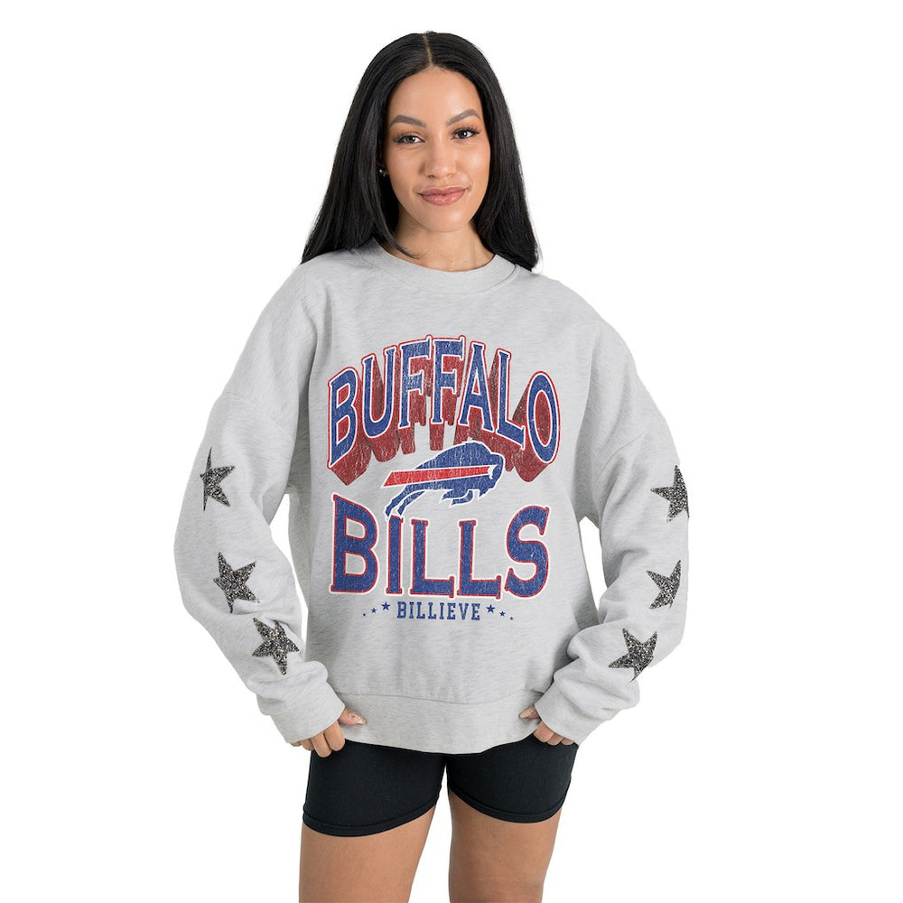 Buffalo Bills Gameday Couture Women's Resilience Relaxed Rhinestone Pullover Sweatshirt - Ash - NFL