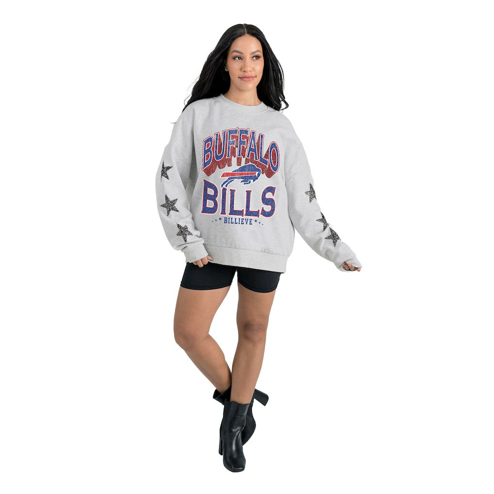 Buffalo Bills Gameday Couture Women's Resilience Relaxed Rhinestone Pullover Sweatshirt - Ash - NFL
