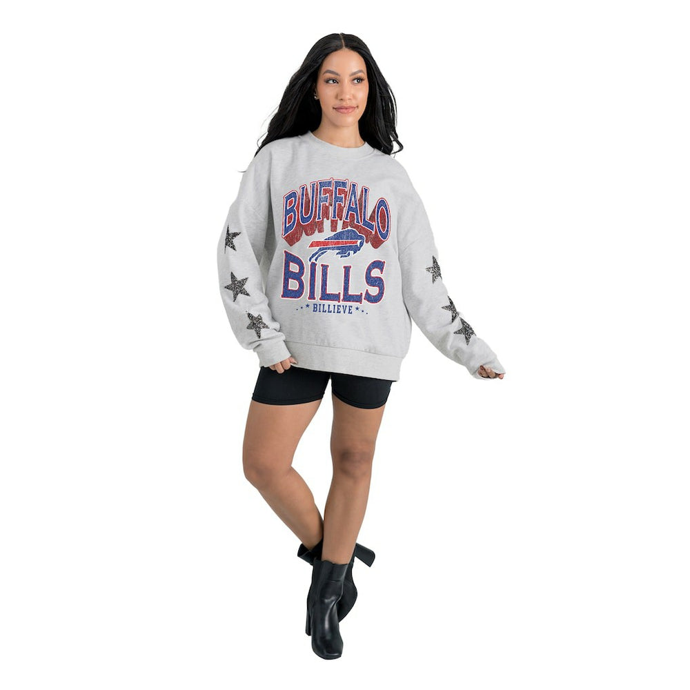 Buffalo Bills Gameday Couture Women's Resilience Relaxed Rhinestone Pullover Sweatshirt - Ash - NFL