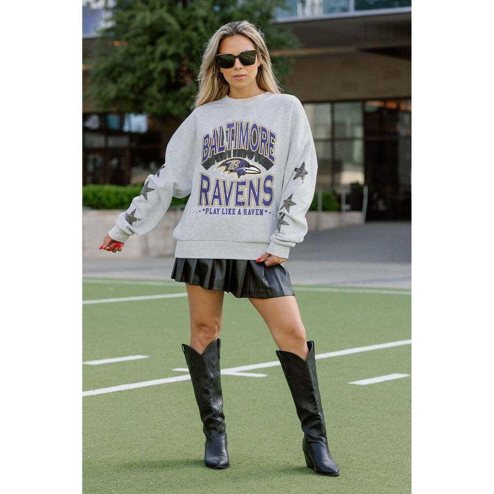 Baltimore Ravens Gameday Couture Women's Resilience Relaxed Rhinestone Pullover Sweatshirt - Ash - NFL