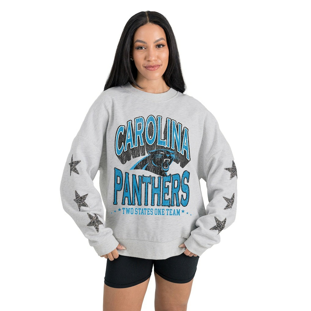 Carolina Panthers Gameday Couture Women's Resilience Relaxed Rhinestone Pullover Sweatshirt - Ash - NFL