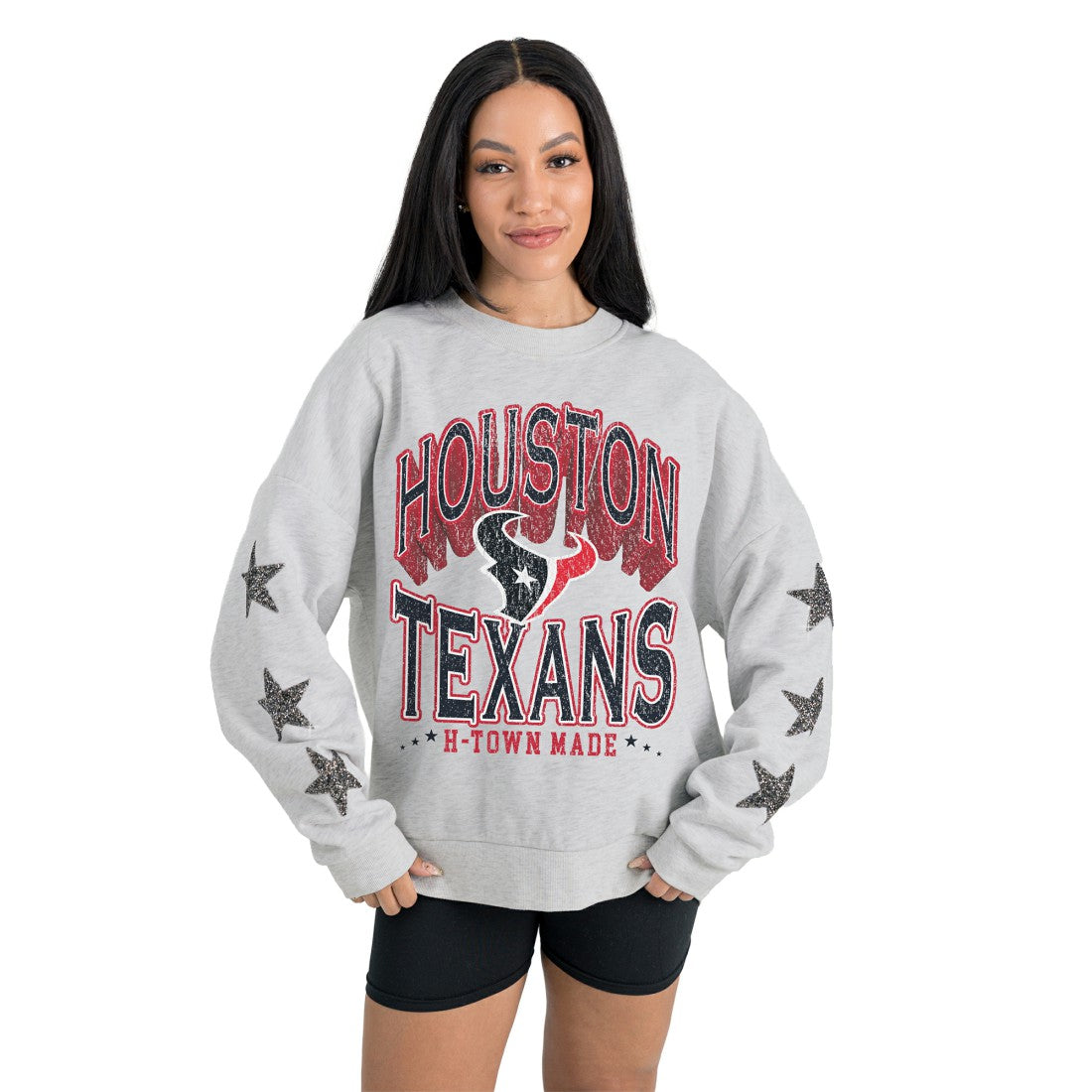 Houston Texans Gameday Couture Women's Resilience Relaxed Rhinestone Pullover Sweatshirt - Ash - NFL