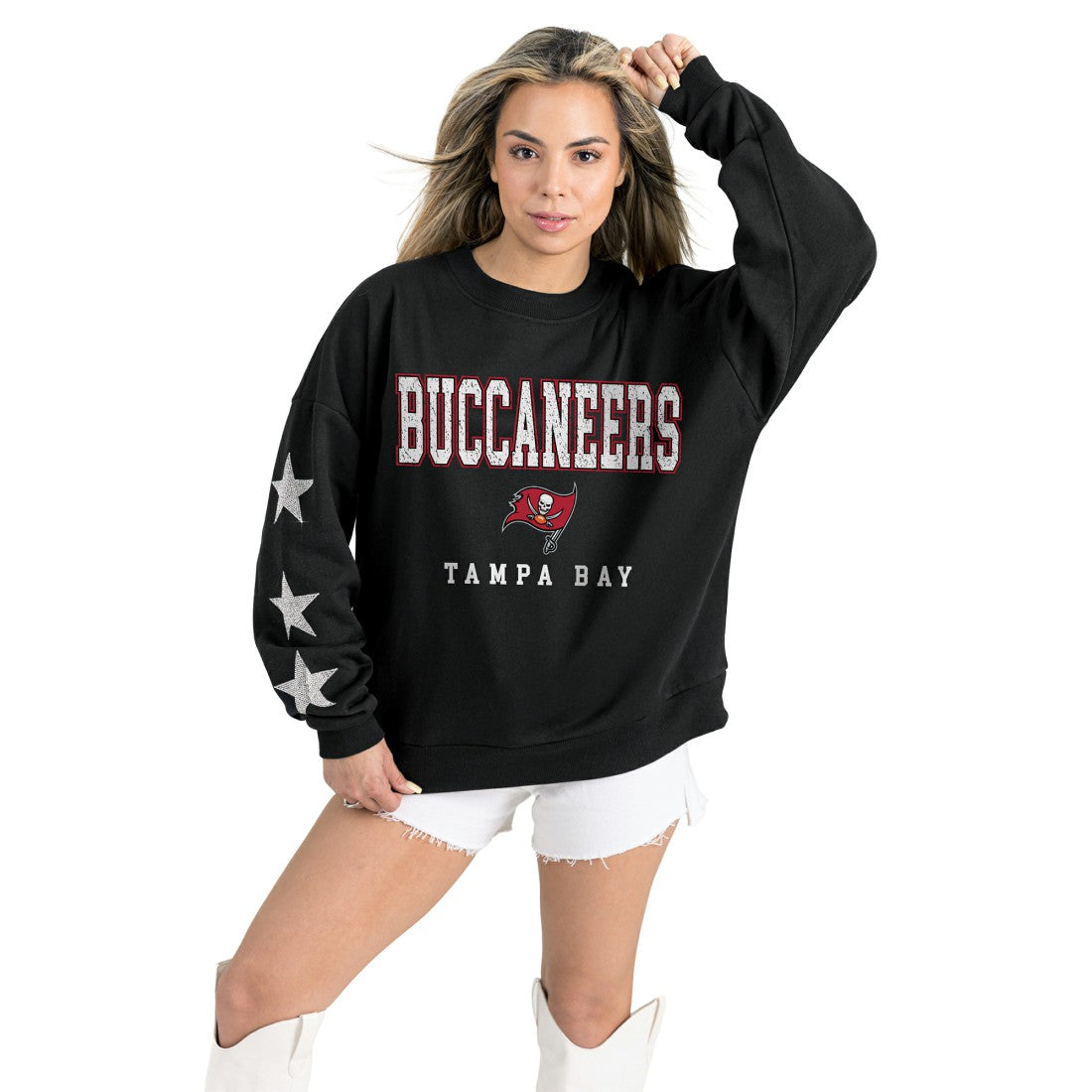 Tampa Bay Buccaneers Gameday Couture Women's Velocity Relaxed Rhinestone Pullover Sweatshirt - Black - NFL