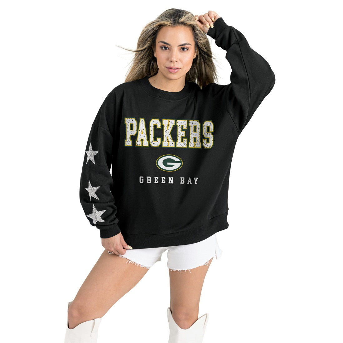 Green Bay Packers Gameday Couture Women's Velocity Relaxed Rhinestone Pullover Sweatshirt - Black - NFL