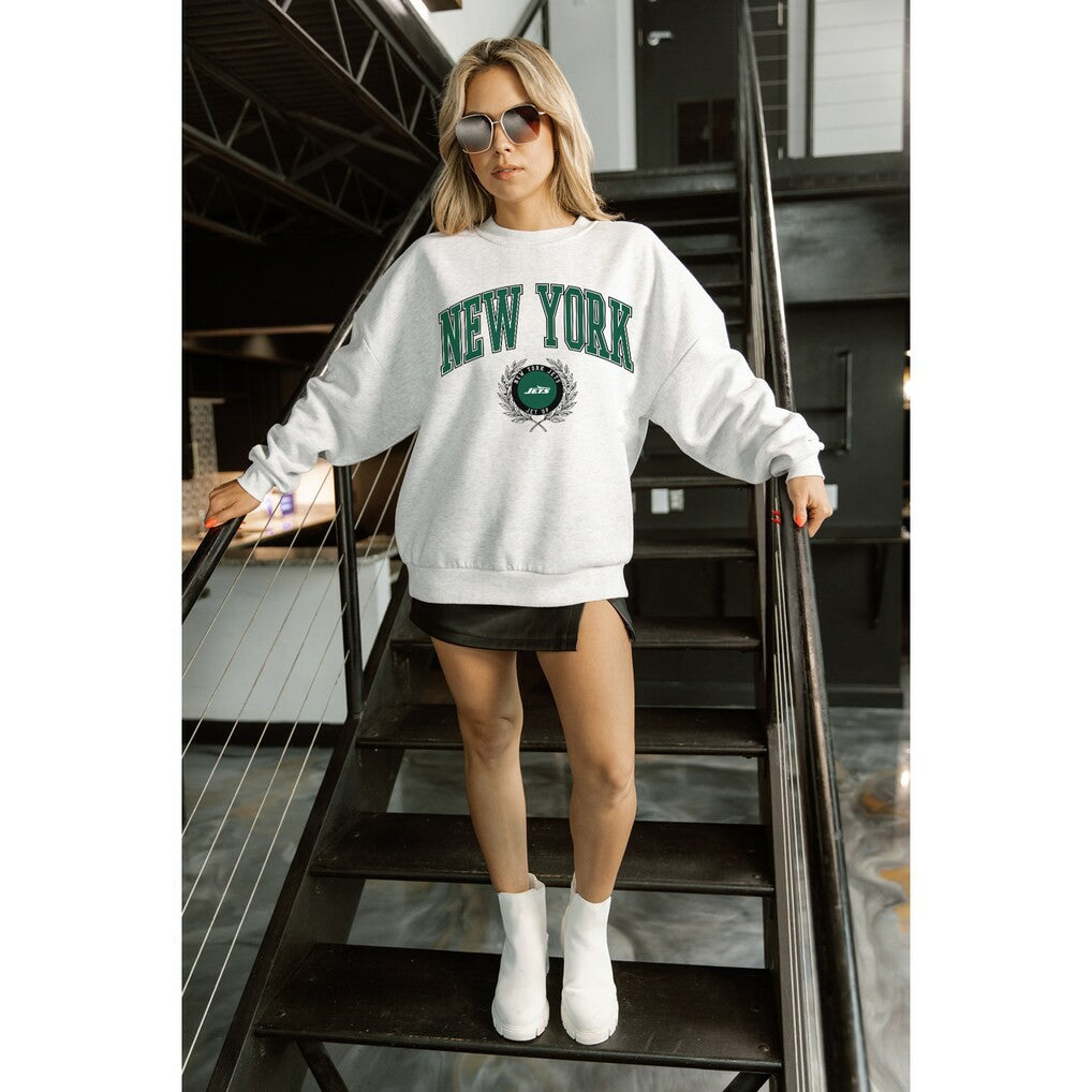 New York Jets Gameday Couture Women's Traditional Logo Oversized Premium Fleece Pullover Sweatshirt - Ash - NFL