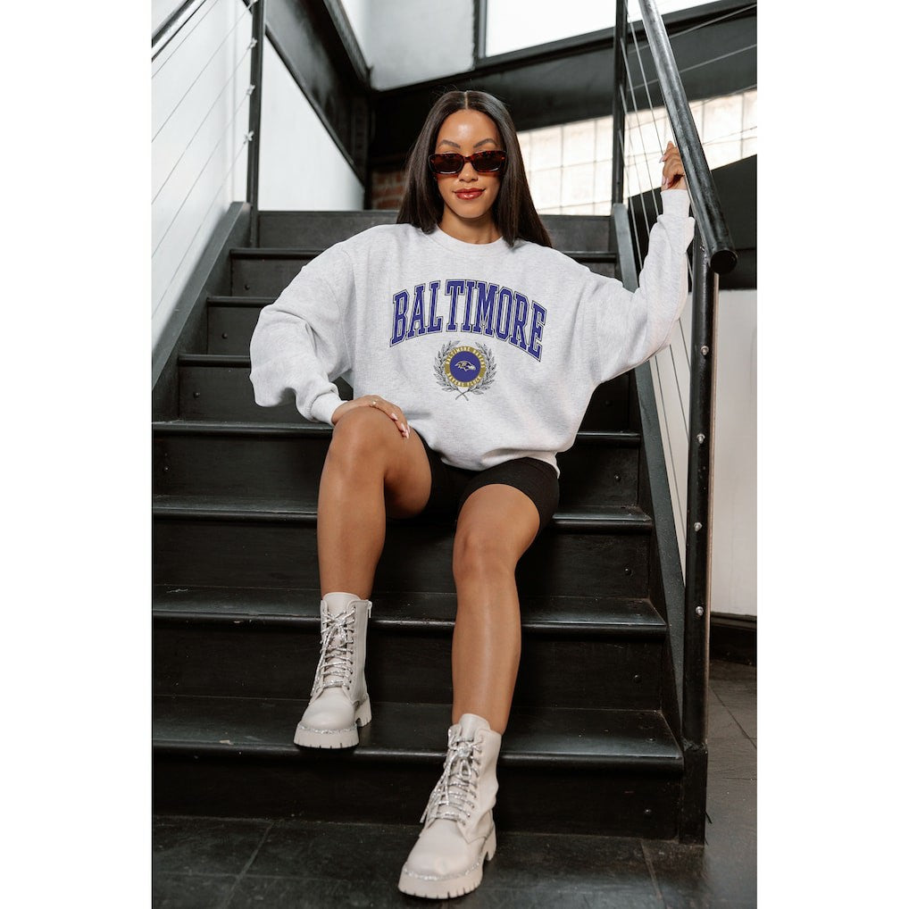 Baltimore Ravens Gameday Couture Women's Traditional Logo Oversized Premium Fleece Pullover Sweatshirt - Ash - NFL