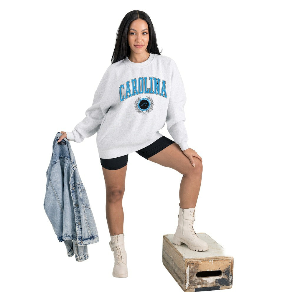 Carolina Panthers Gameday Couture Women's Traditional Logo Oversized Premium Fleece Pullover Sweatshirt - Ash - NFL