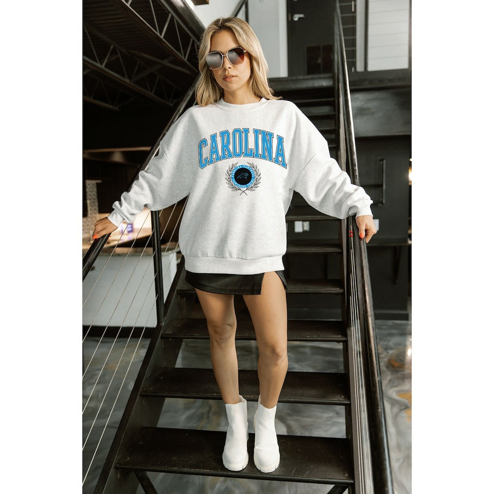 Carolina Panthers Gameday Couture Women's Traditional Logo Oversized Premium Fleece Pullover Sweatshirt - Ash - NFL