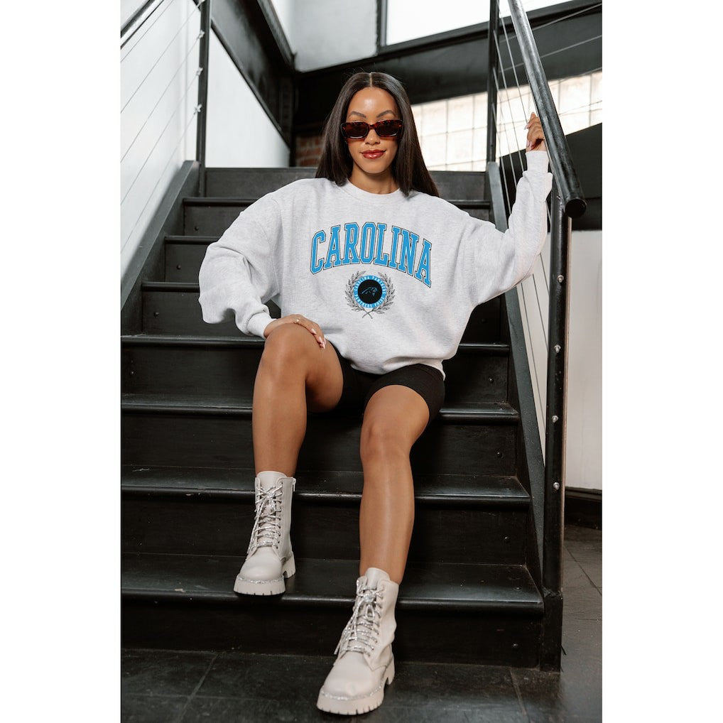 Carolina Panthers Gameday Couture Women's Traditional Logo Oversized Premium Fleece Pullover Sweatshirt - Ash - NFL