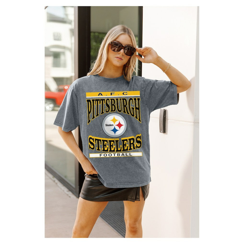 Pittsburgh Steelers Gameday Couture Women's Oversized Classic Grind Washed T-Shirt - Gray - NFL