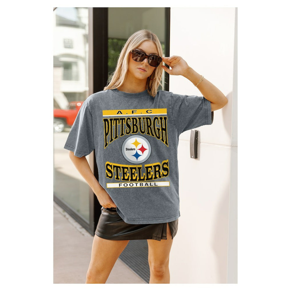 Pittsburgh Steelers Gameday Couture Women's Oversized Classic Grind Washed T-Shirt - Gray - NFL