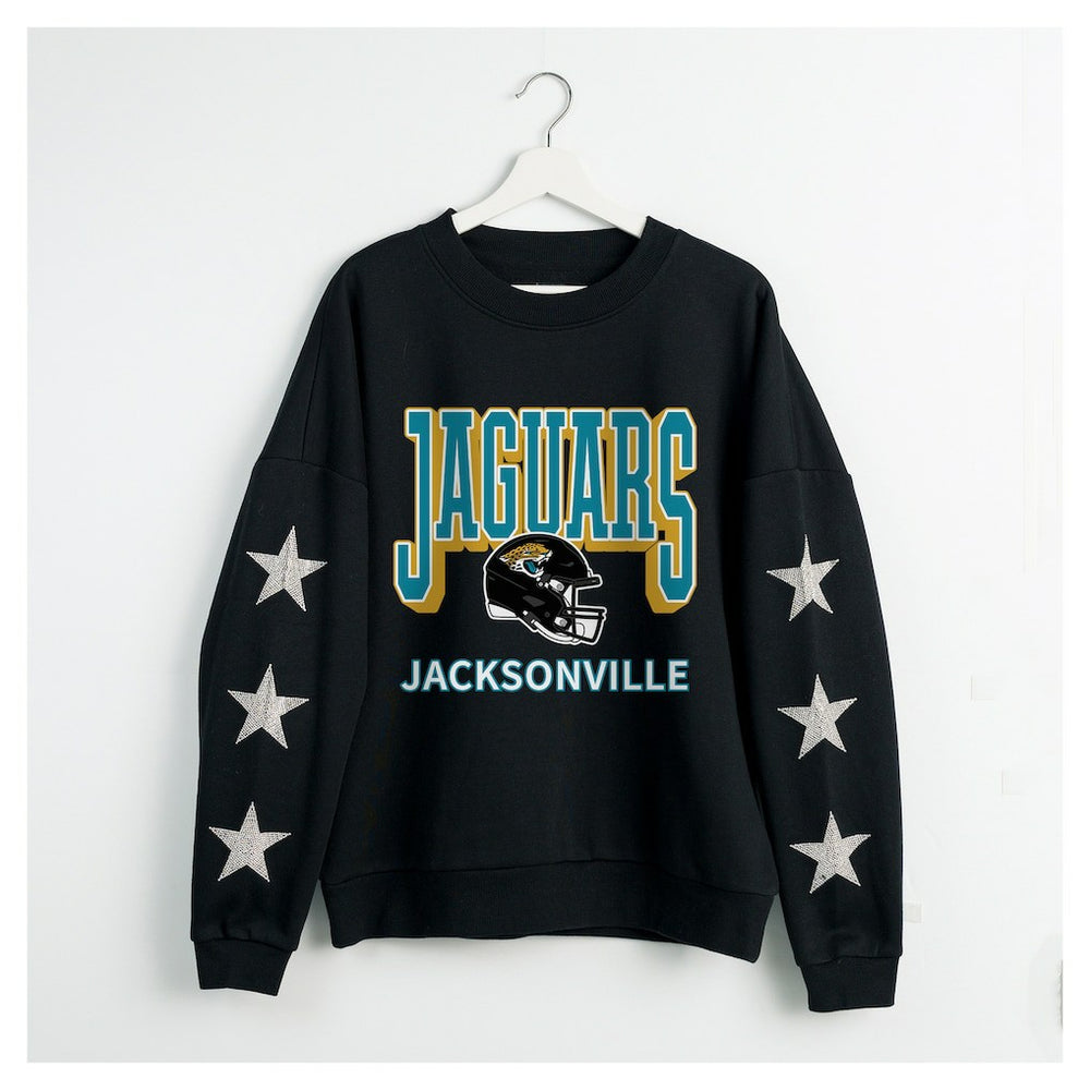 Jacksonville Jaguars Gameday Couture Women's Pure Victory Rhinestud Star-Sleeve Pullover Sweatshirt - Black - NFL