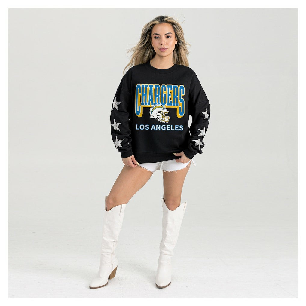 Los Angeles Chargers Gameday Couture Women's Pure Victory Rhinestud Star-Sleeve Pullover Sweatshirt - Black - NFL