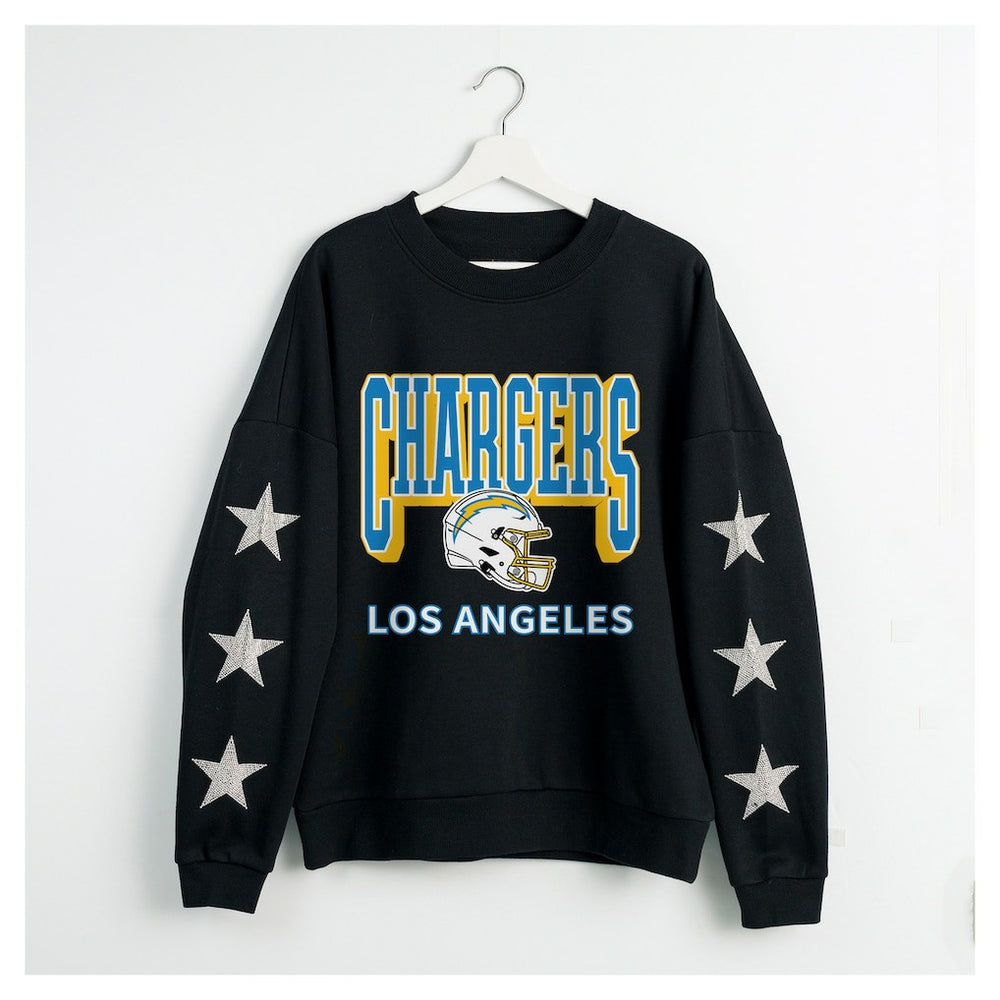 Los Angeles Chargers Gameday Couture Women's Pure Victory Rhinestud Star-Sleeve Pullover Sweatshirt - Black - NFL