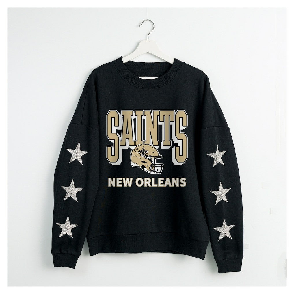 New Orleans Saints Gameday Couture Women's Pure Victory Rhinestud Star-Sleeve Pullover Sweatshirt - Black - NFL