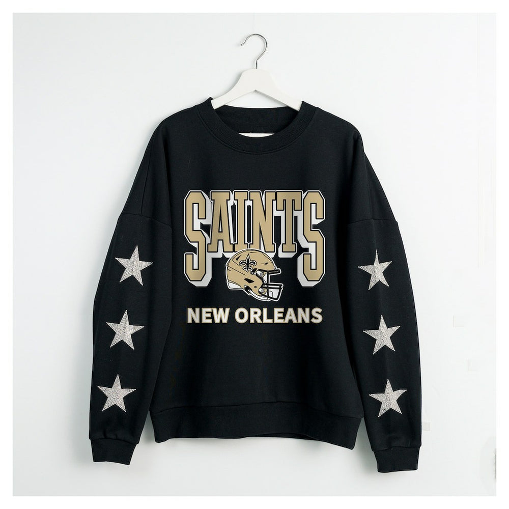New Orleans Saints Gameday Couture Women's Pure Victory Rhinestud Star-Sleeve Pullover Sweatshirt - Black - NFL