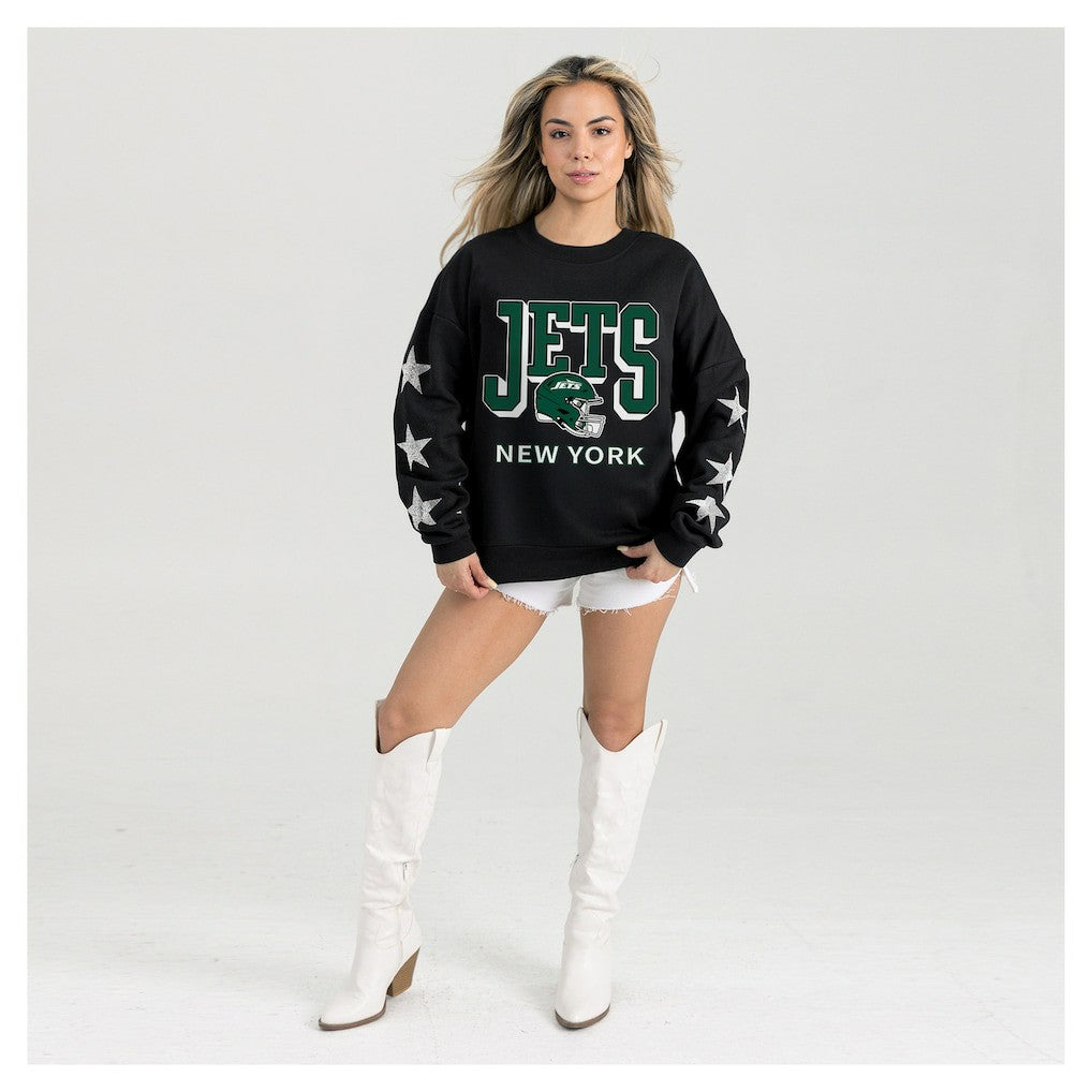 New York Jets Gameday Couture Women's Pure Victory Rhinestud Star-Sleeve Pullover Sweatshirt - Black - NFL