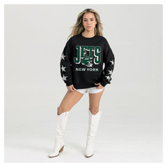 New York Jets Gameday Couture Women's Pure Victory Rhinestud Star-Sleeve Pullover Sweatshirt - Black - NFL
