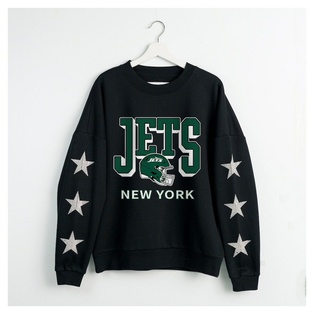 New York Jets Gameday Couture Women's Pure Victory Rhinestud Star-Sleeve Pullover Sweatshirt - Black - NFL