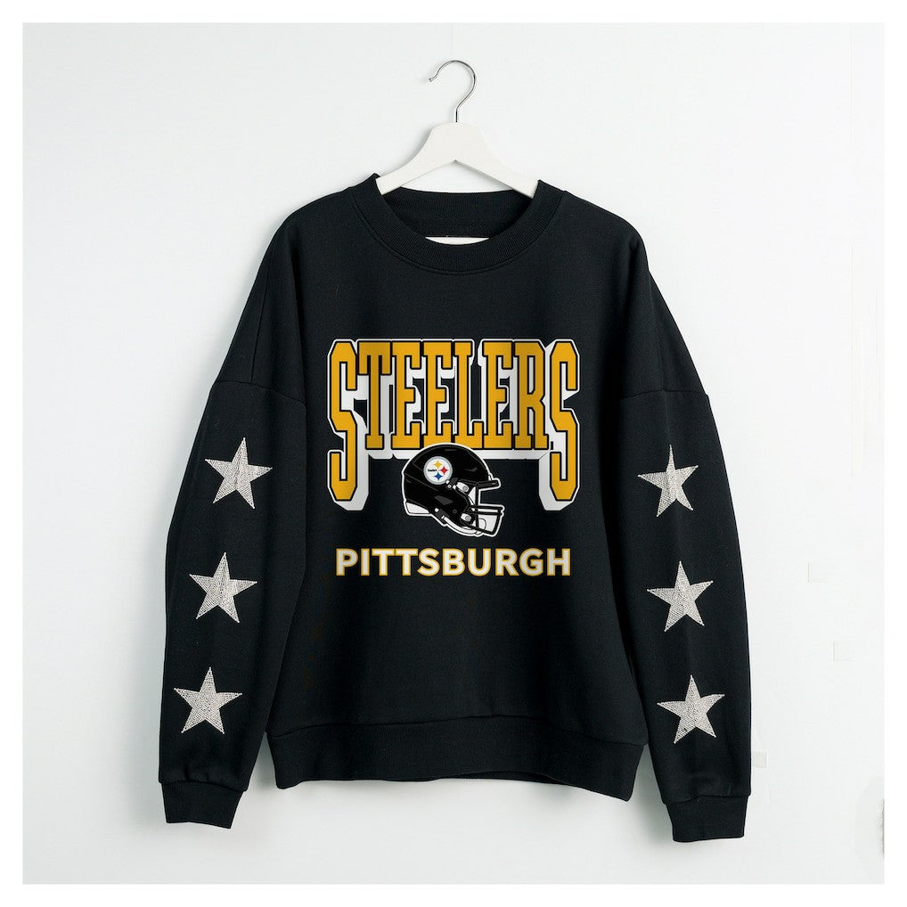 Pittsburgh Steelers Gameday Couture Women's Pure Victory Rhinestud Star-Sleeve Pullover Sweatshirt - Black - NFL