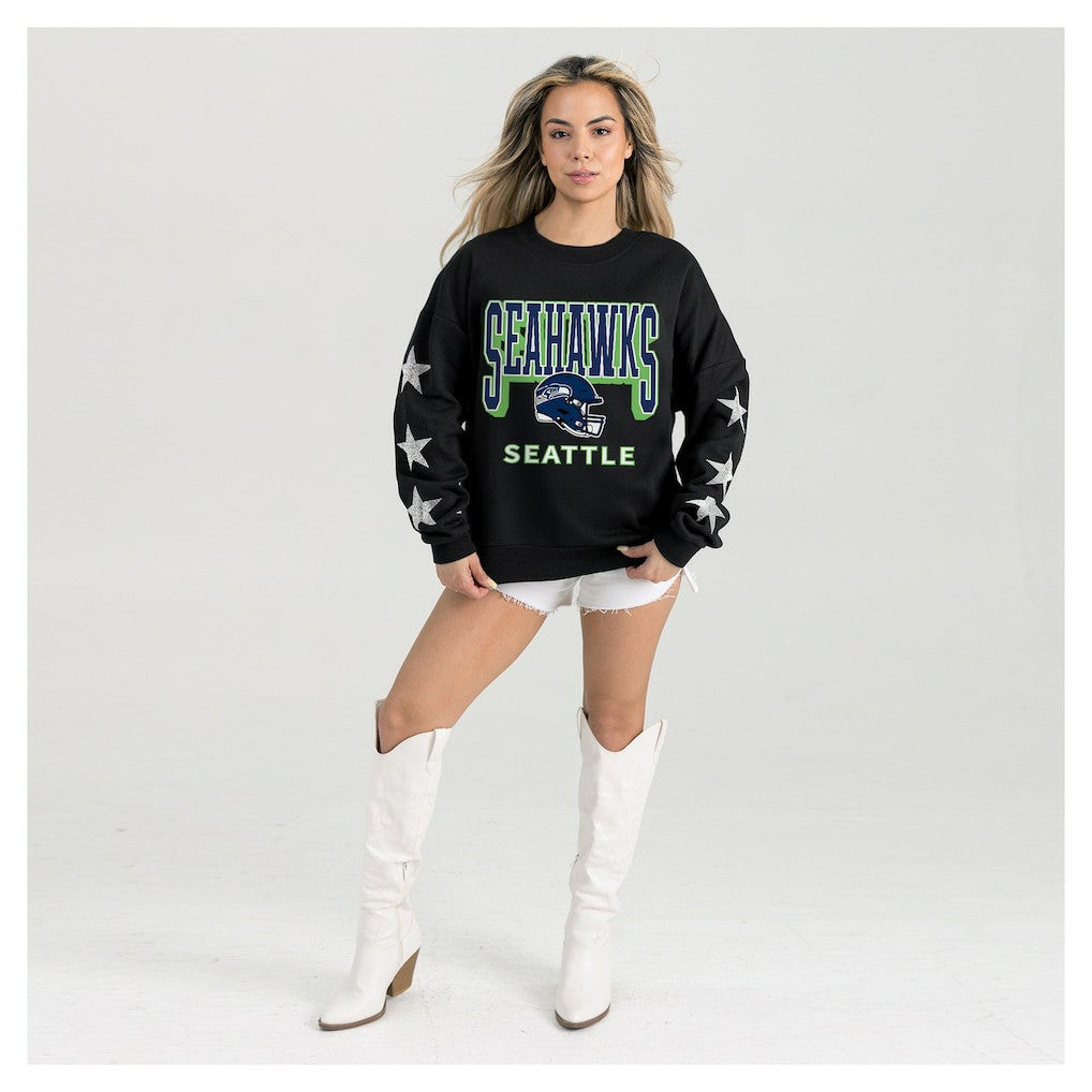 Seattle Seahawks Gameday Couture Women's Pure Victory Rhinestud Star-Sleeve Pullover Sweatshirt - Black - NFL