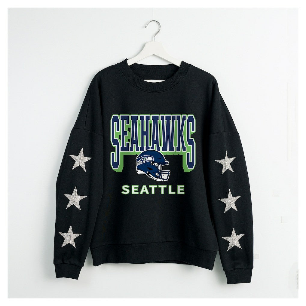 Seattle Seahawks Gameday Couture Women's Pure Victory Rhinestud Star-Sleeve Pullover Sweatshirt - Black - NFL