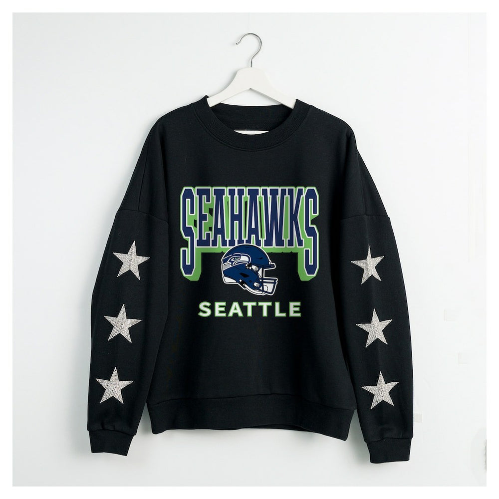 Seattle Seahawks Gameday Couture Women's Pure Victory Rhinestud Star-Sleeve Pullover Sweatshirt - Black - NFL