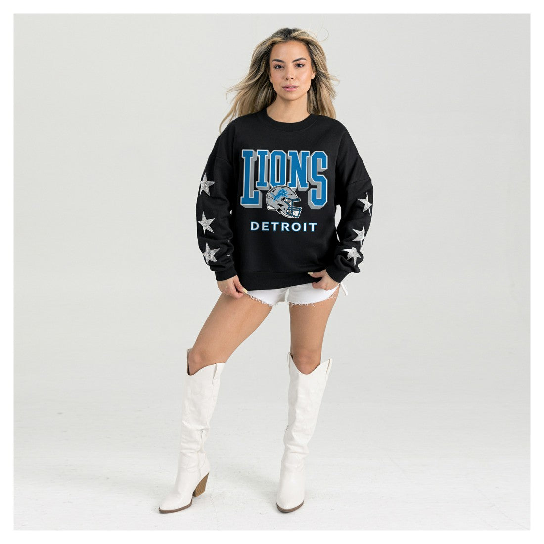 Detroit Lions Gameday Couture Women's Pure Victory Rhinestud Star-Sleeve Pullover Sweatshirt - Black - NFL