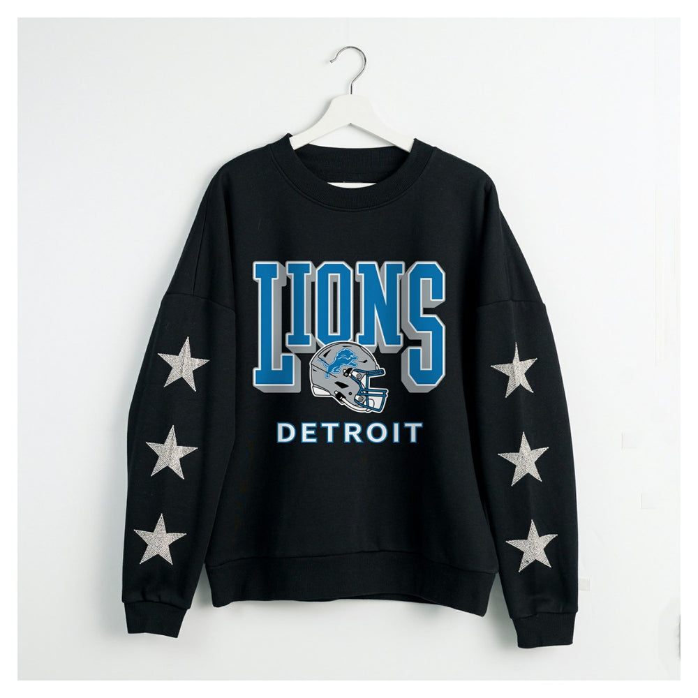 Detroit Lions Gameday Couture Women's Pure Victory Rhinestud Star-Sleeve Pullover Sweatshirt - Black - NFL
